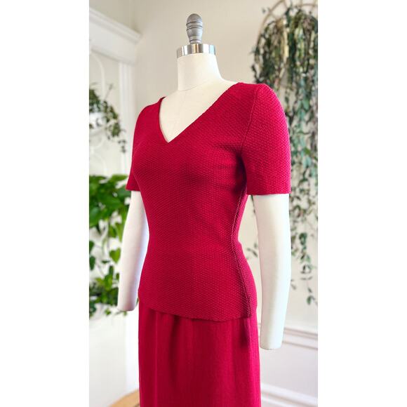 Vintage 1950s Knit Set 50s Red Wool Sweater Top Skirt Matching Two Piece - Picture 6 of 8